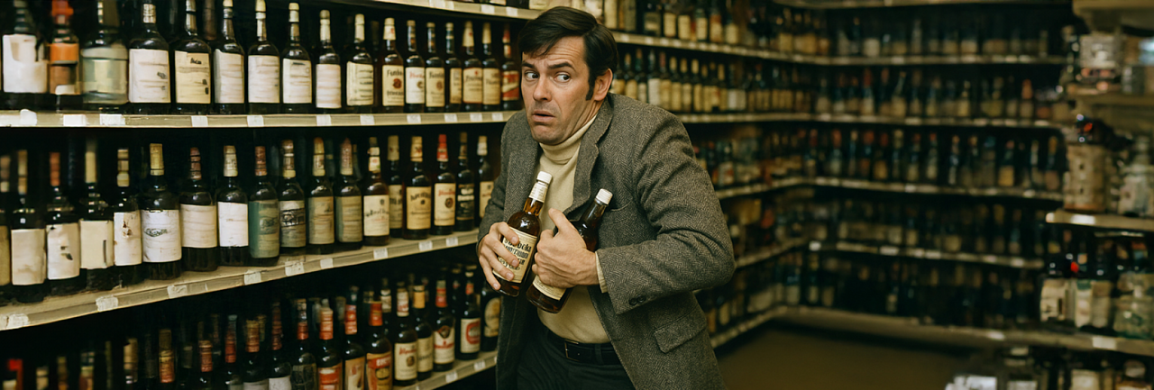 Mężczyzna trzymający w ręku butelki whisky