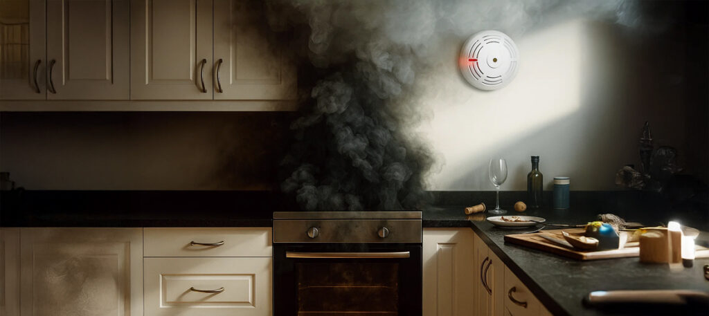 Czujka dymu Satel SDA-250 informująca o pożarze