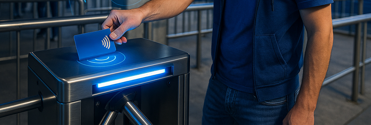 RFID w sporcie - mężczyzna przechodzący przez bramki na stadionie