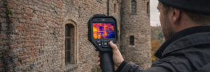 Termowizja a ochrona zabytków - mężczyzna z włączoną kamerą termowizyjną