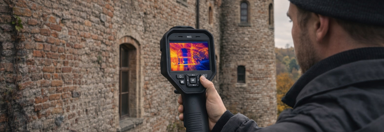 Termowizja a ochrona zabytków - mężczyzna z włączoną kamerą termowizyjną