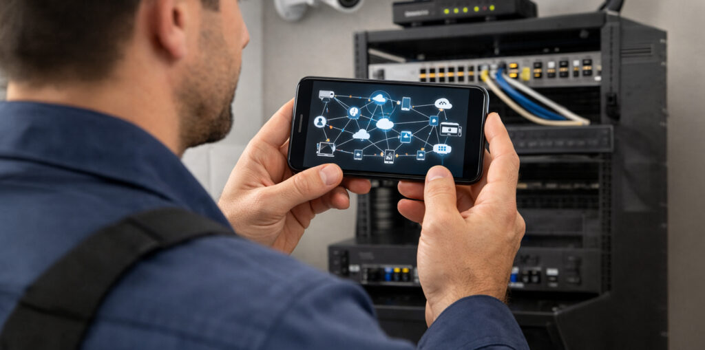 LinkVu od Hikvision - mężczyzna zarządzający systemem z poziomu aplikacji