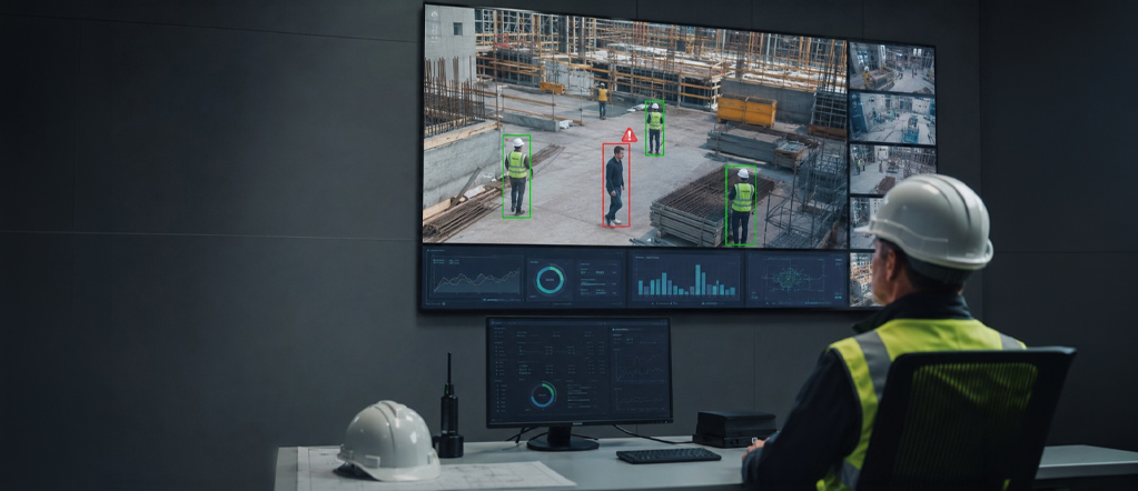Wykrywanie kasków ochronnych z wykorzystaniem AI - mężczyzna w centrum monitoringu firmy