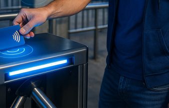 RFID w sporcie - mężczyzna przechodzący przez bramki na stadionie